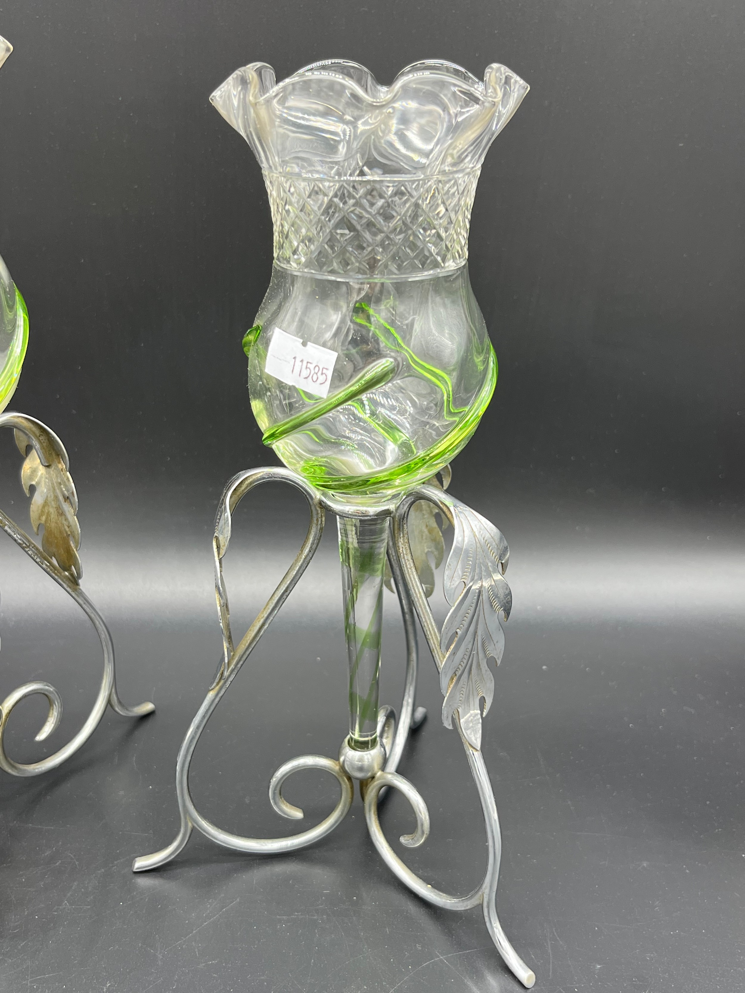 A Pair of antique silver plated and art glass thistle shaped bud bases. [25cm high] [One as found] - Image 3 of 3