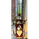 Antique gilt brass and stainglass ceiling light shade.