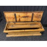 Antique pine joiners tool chest, designed with metal bounds and handles to the side. Fitted interior