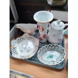 A Tray of porcelain to include cross sword marking porcelain vase , dishes etc