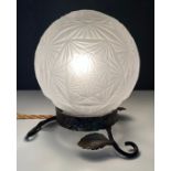 Art Nouveau wrought iron and glass frosted dome table lamp. Lamp impressed makers mark 'Sonovar' [In