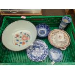 Box of porcelain to include oriental blue and white ware, imari style bowl etc