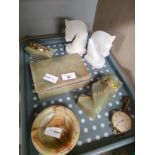 A Tray of colletables includes onyx table lighter, jewellery box etc