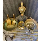 A Selection of antique fire companion items, brass jelly pans, Bellows and trivet stand etc