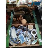 2 Boxes of collectables includes eagle mirror, blue and white wares