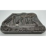 Antique/ vintage wood and copper printing block of a steam ship. [17cm in length]