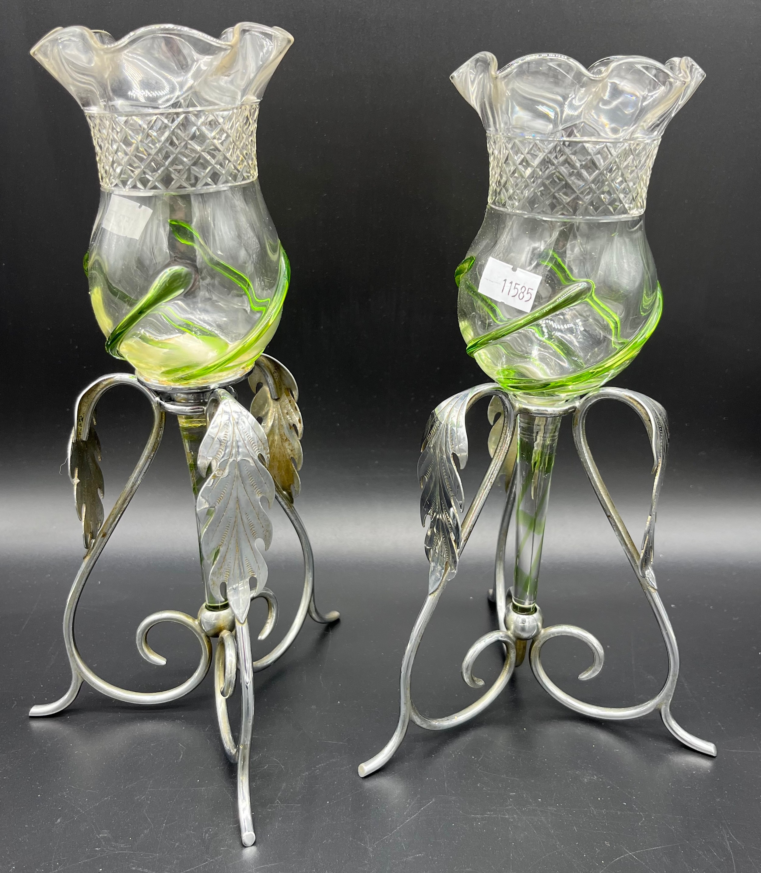 A Pair of antique silver plated and art glass thistle shaped bud bases. [25cm high] [One as found]