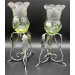 A Pair of antique silver plated and art glass thistle shaped bud bases. [25cm high] [One as found]