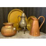 A Collection of brass, copper and pewter items to include antique pewter three foot wine jug with