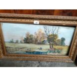 19th century oil painting depicting Countryside scene fitted in a gilt frame