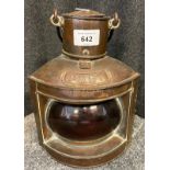 Antique copper Port ship lantern- red glass and has original burner present. [25cm high]