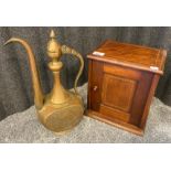 Antique Indian worked tea pot and Mahogany Edwardian smokers cabinet.