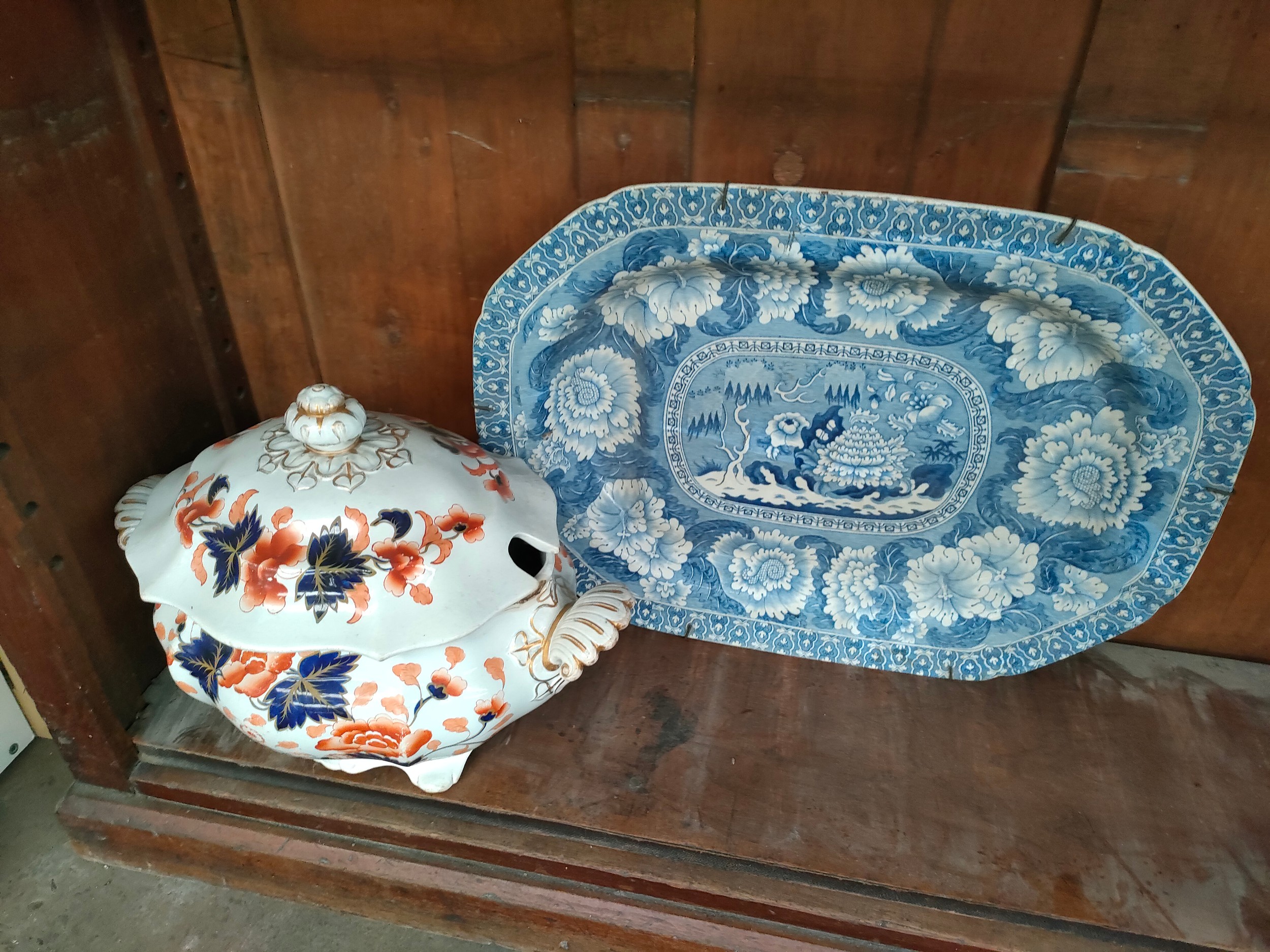 Large oriental blue ad white ware platter along with floral serving dish