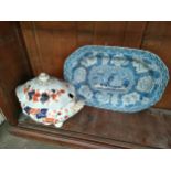 Large oriental blue ad white ware platter along with floral serving dish
