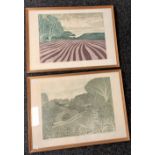 Two block prints titled ''Riverbank'' and ''Oxwich'' by John Brunsden. [60x81cm]