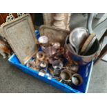 A Box of Silver plated/ brass wares to include eastern tray and silver hand mirror etc