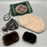 A selection of 5 various antique and vintage purses/ clutch bags. Includes bead worked art deco