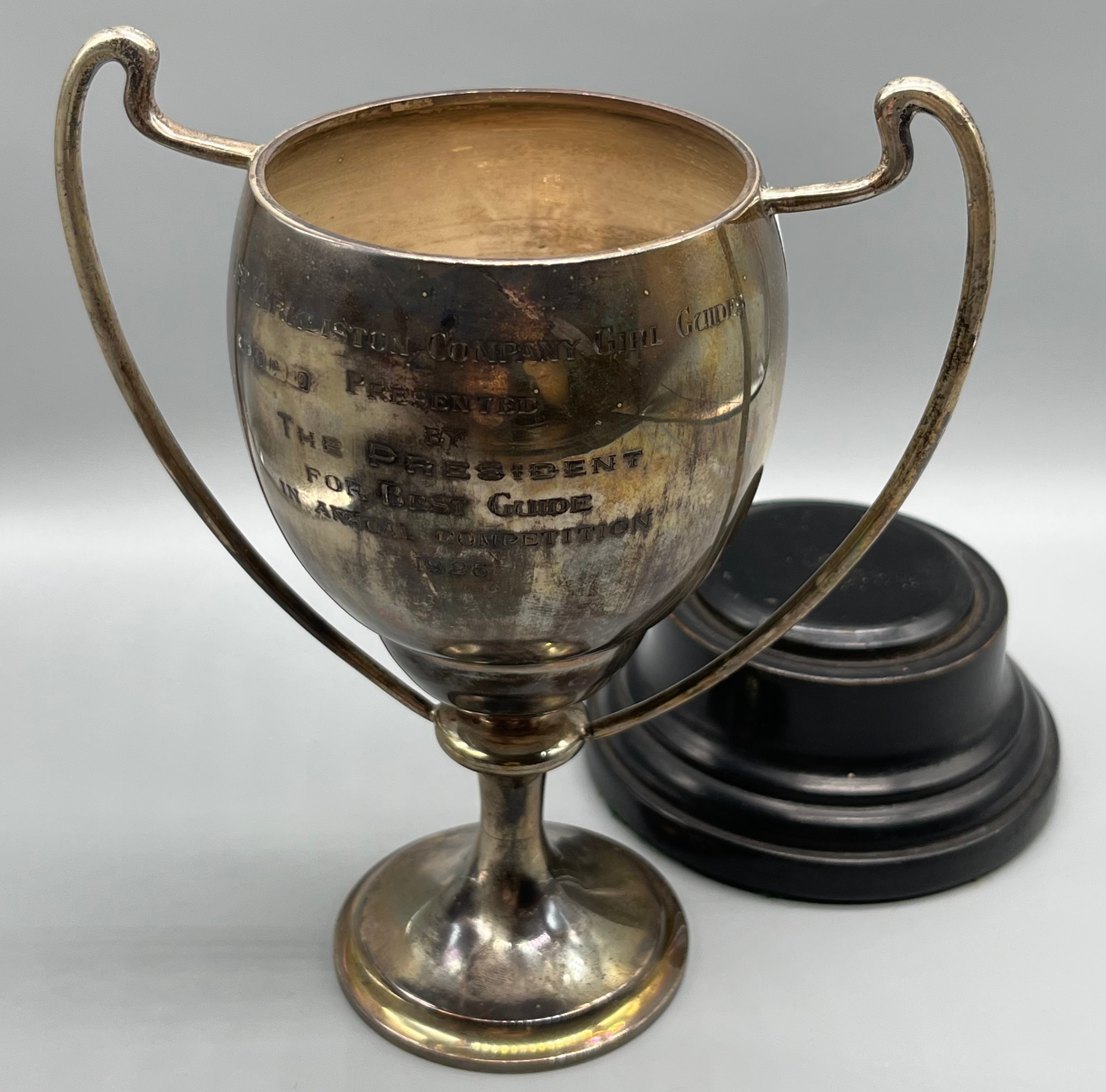 Birmingham silver two handle trophy with turned wooden stand. [Trophy stands 17cm high] [Weighs- - Image 5 of 5