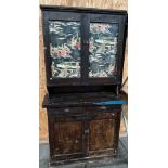 19th century kitchen press unit made from stained pine. Fitted with two glass door section top