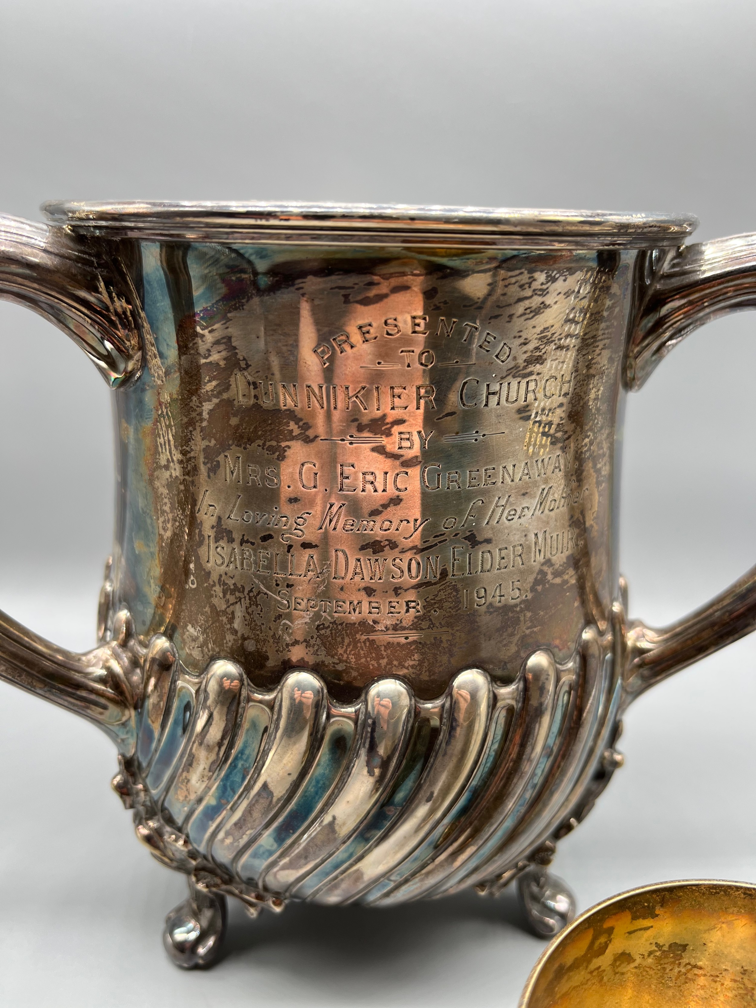 Edinburgh silver Hamilton and Inches three handle loving cup supported on three ornate feet. - Image 2 of 3