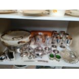 Shelf of collectables to include silver plated ware, studio pottery bowl, M.W Blackmore plaque etc