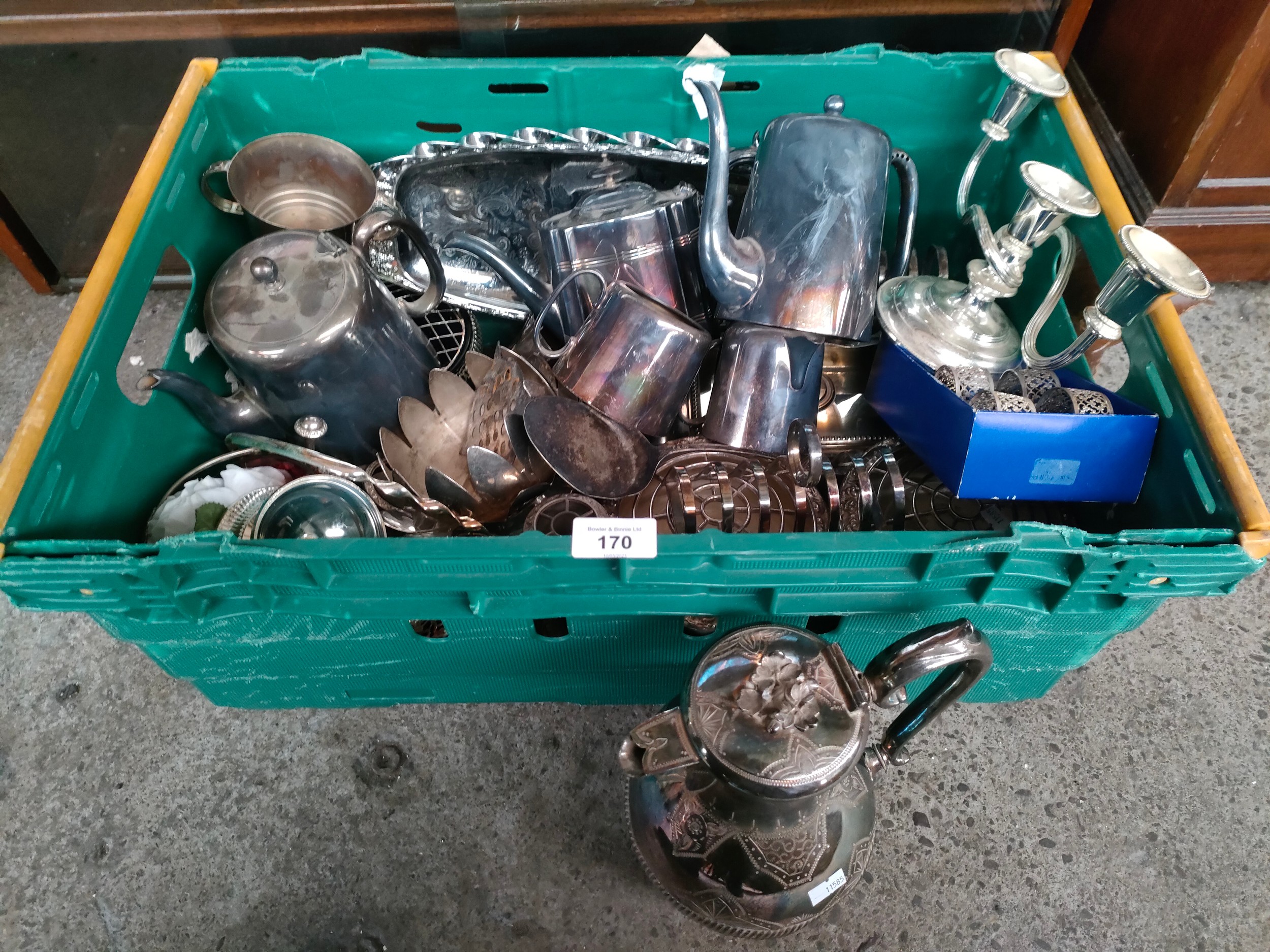 Large box of silver plated wares includes candle stick , warming pot etc