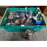 Large box of silver plated wares includes candle stick , warming pot etc
