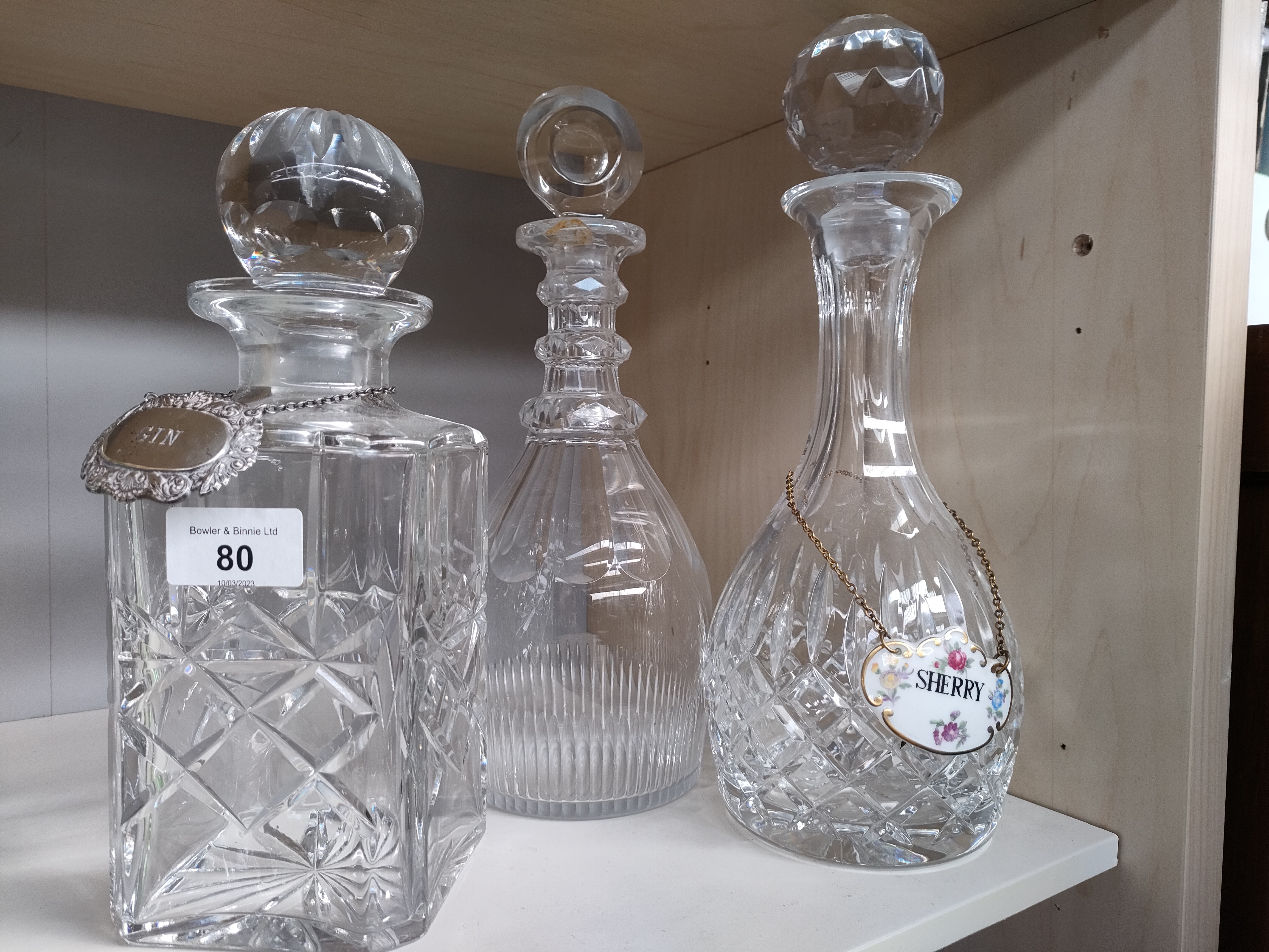 Lot of 3 Crystal decanters along with labels includes silver hall marked