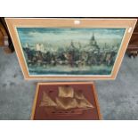 Mid century ship art picture together with large print depicting river town scene set in mid century