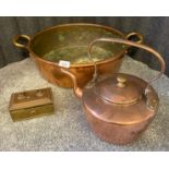 Antique two handle copper and brass basin, Copper kettle by H. Gordon & Co Aberdeen and foreign gilt