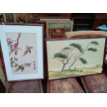 Large Oriental silk together with picture depicting countryside scene