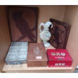 Collectable odds to include vintage oxo tin, wooden carved items and crystal tray