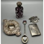 A Selection of silver items to include ornate 925 foreign silver tea strainer, Birmingham silver