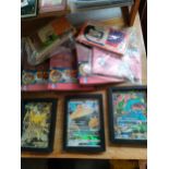 Box of Andy capp books , Pokémon 2 framed large cards along with new yokai watch folders