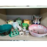 A Shelf of collectables includes Griselda hill wemyss ware cat, shelley melody pattern jug etc