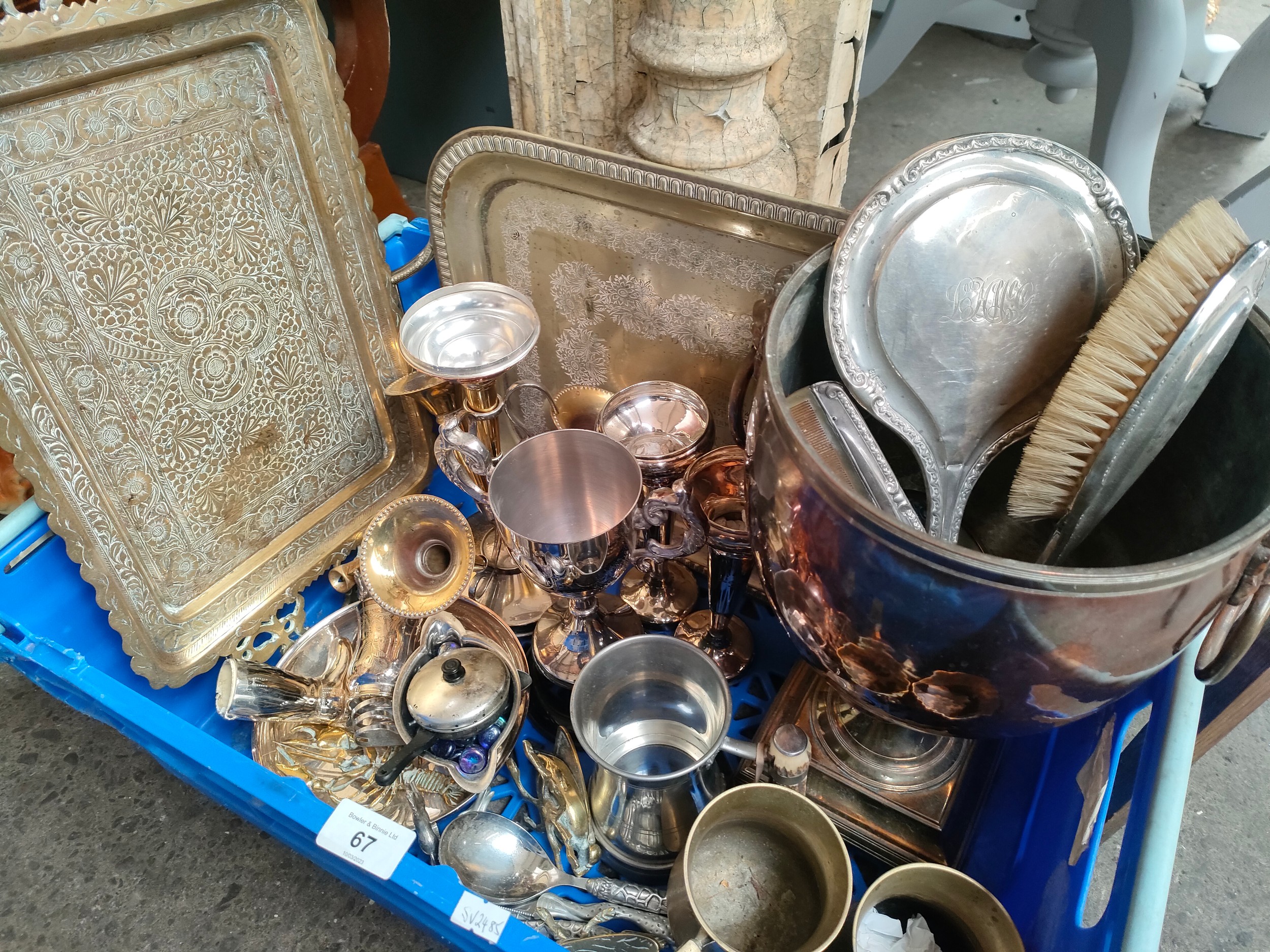 A Box of Silver plated/ brass wares to include eastern tray and silver hand mirror etc - Image 3 of 4
