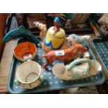 A Tray of collectables includes Beswick dog figure, Poole pottery fish figure, Royal Worcester ivory