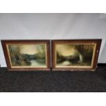 A Pair of Antique oil paintings on canvas depicting forest and river scenes. [Signed to the