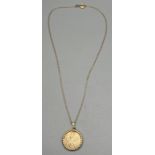 A 9ct yellow gold necklace fitted with a 9ct double sided St Christopher pendant. [2.20grams]