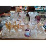 A tray of glassware includes Selkirk glass paperweight etc