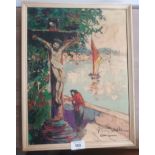 A Oil on board Depicting Jesus on cross set in mid century framing with signature [31.5x41cm]