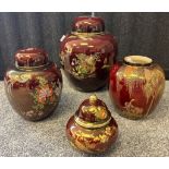 Three Carlton Ware Rouge Royale lidded temple jars and one other [26cm high]