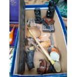 A Box of interesting items includes horn beakers, novelty collectables includes amber handled facial