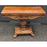 William IV Rose Wood card table, the rectangular top swivelling and opening to a green material