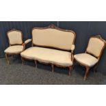 Antique French three piece parlour sofa, Two seat sofa and two single chairs. Mahogany frames and