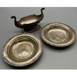 Norwegian 830s silver longboat model together with two Norwegian 830S Silver B.D.S Pin dishes.