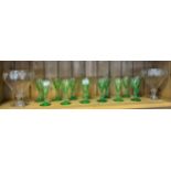 13 Antique/ vintage Uranium green drinking glasses together with two antique comports with vine