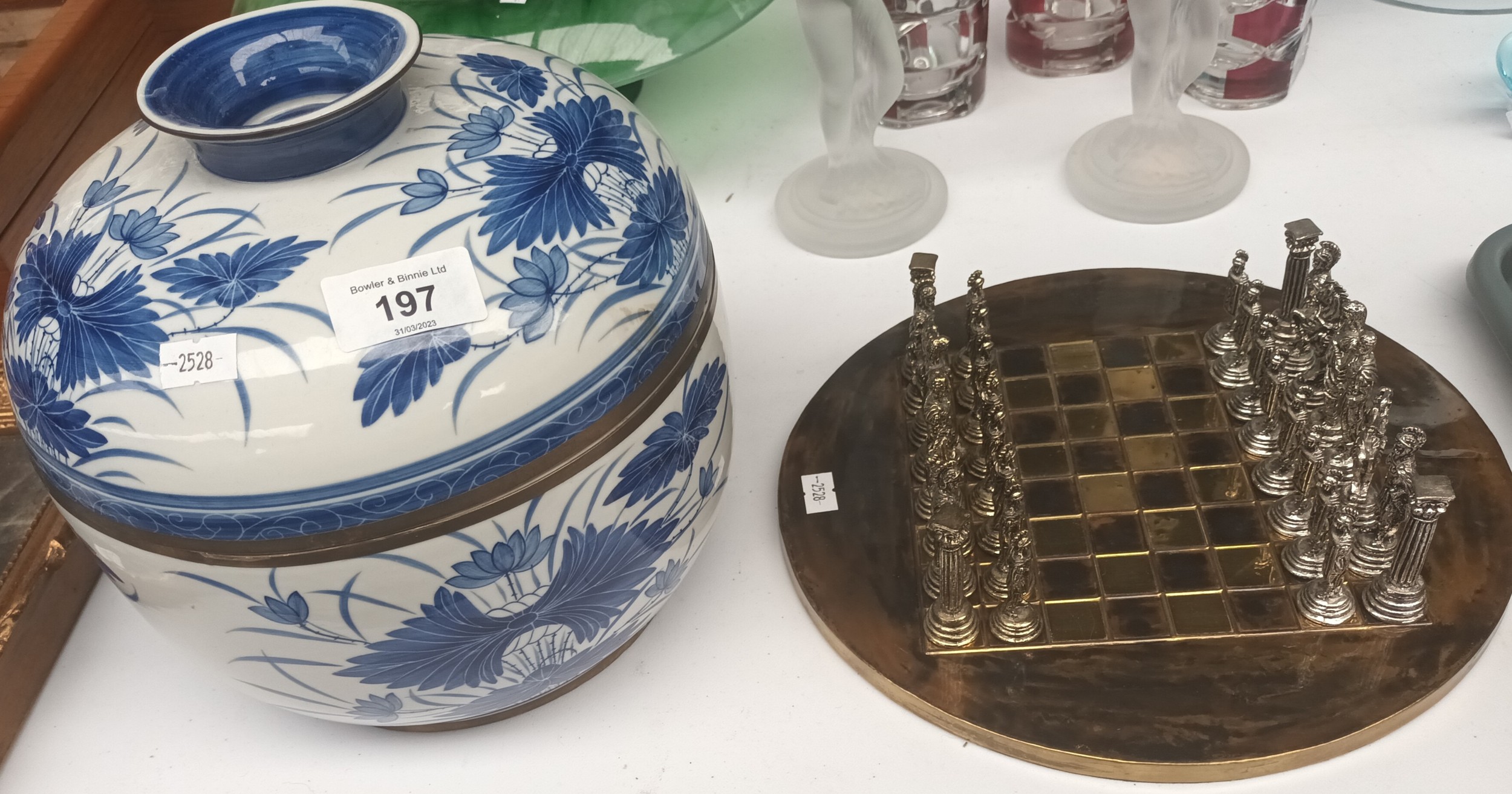 A Ornate Metal chess set with board along with A Large eastern themed blue & white preserve dish