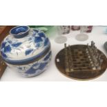 A Ornate Metal chess set with board along with A Large eastern themed blue & white preserve dish