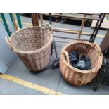 2 antique log wicker baskets together with one fitted trolley